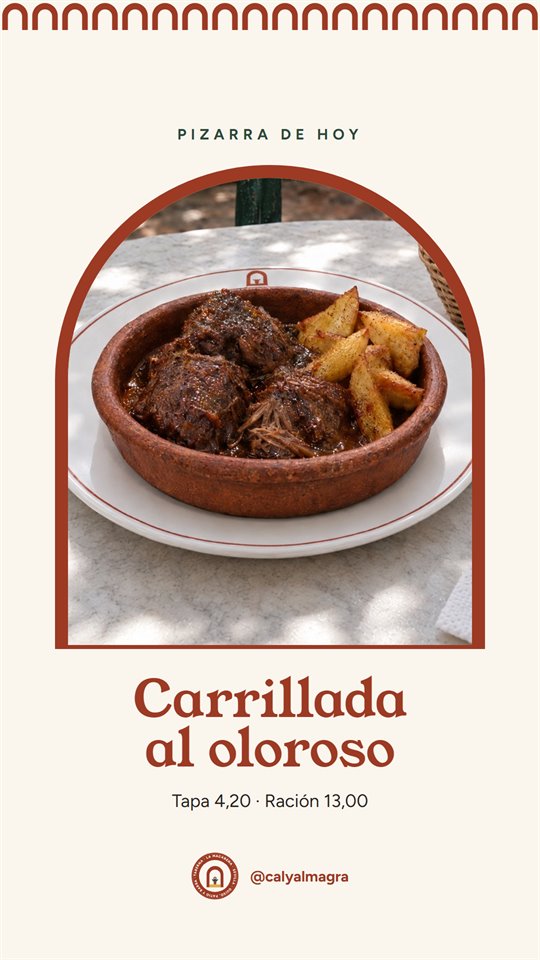 Historia de Instagram de Cal y Almagra: la pizarra de hoy, carrillada al oloroso en cazuela de barro