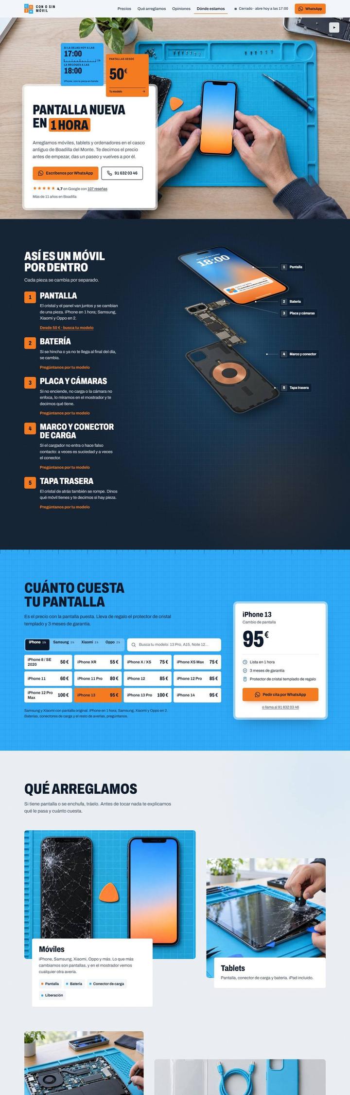 La propuesta de web para Con o Sin Móvil: pantalla nueva en una hora, precios por modelo y reseñas